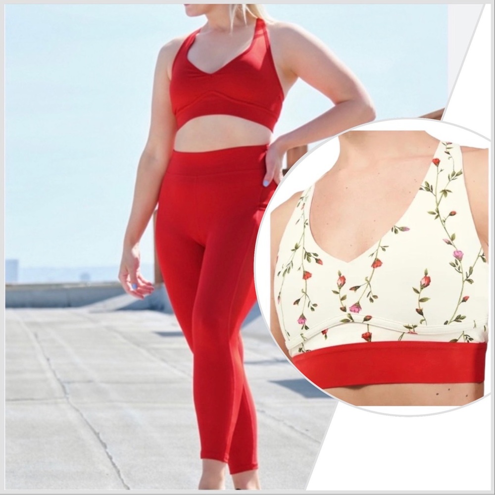 Fabletics mesh legging SET sports bra red floral vine